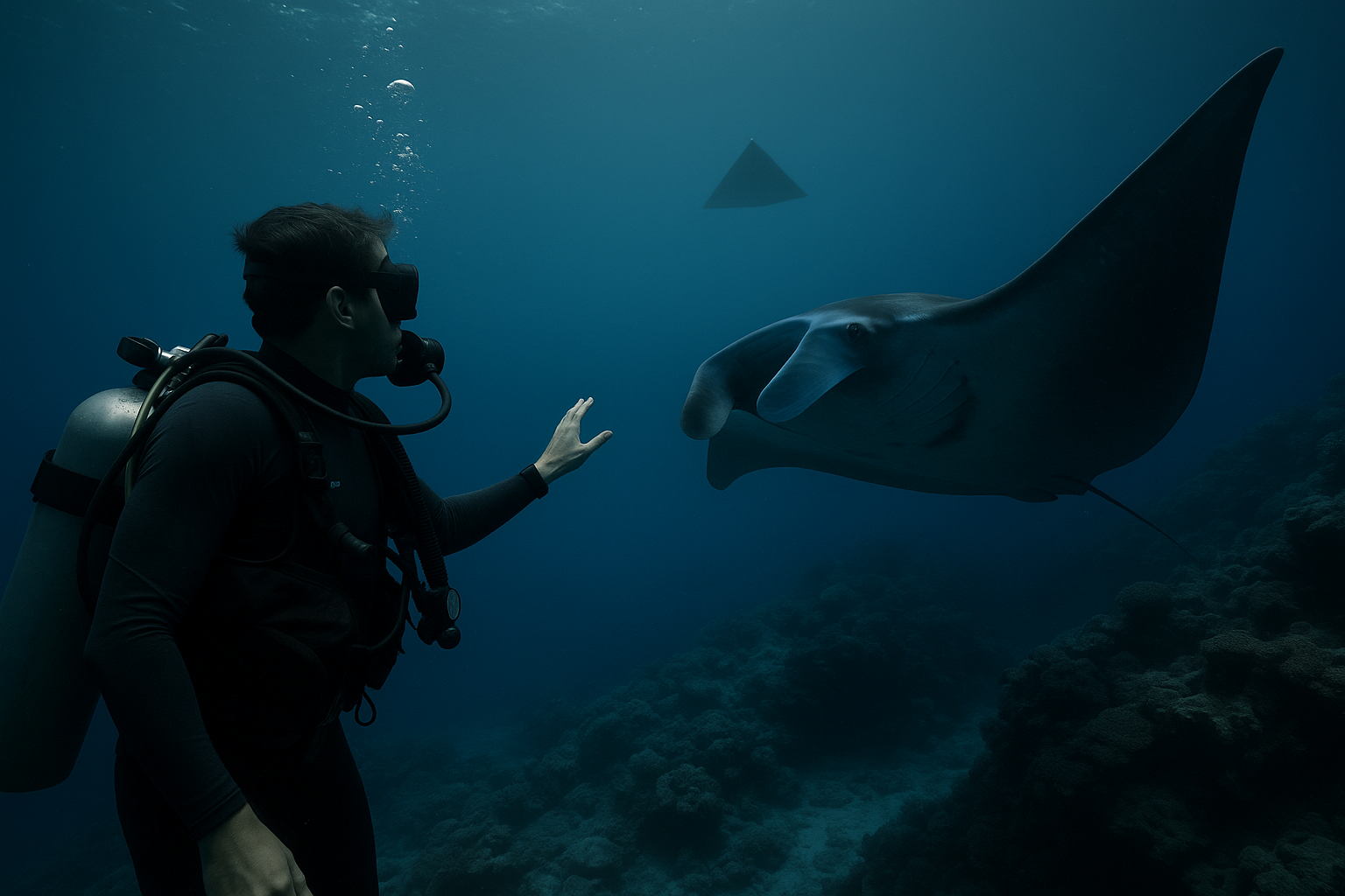 Diver, manta ray, matte gray triangle in the abyss