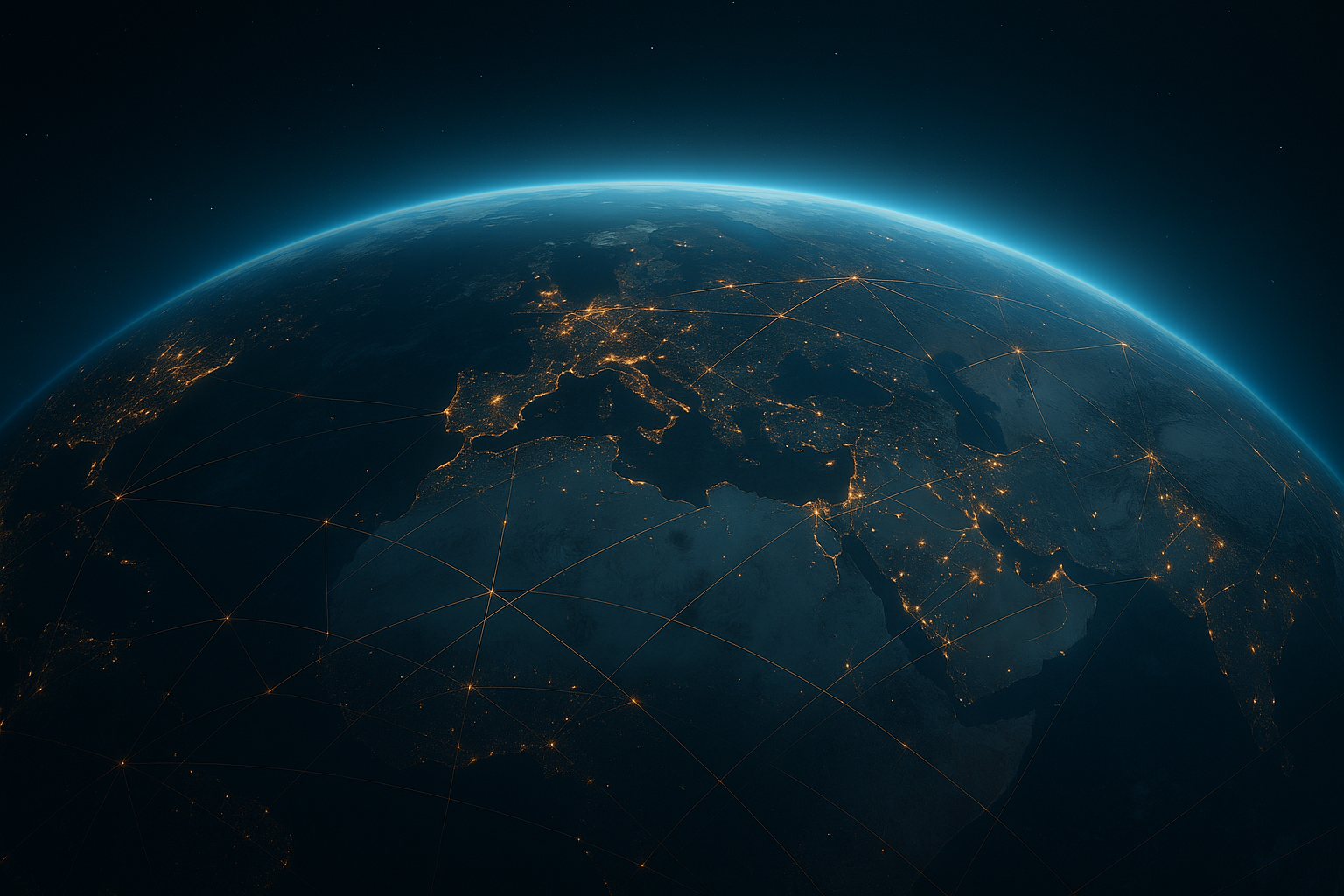Earth at night with a web of lights