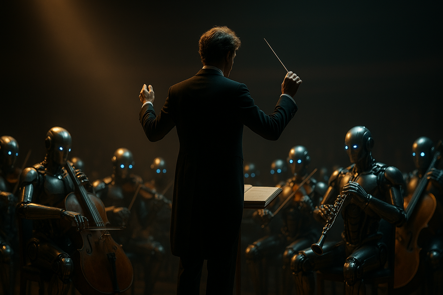 Maestro conducting a robot orchestra